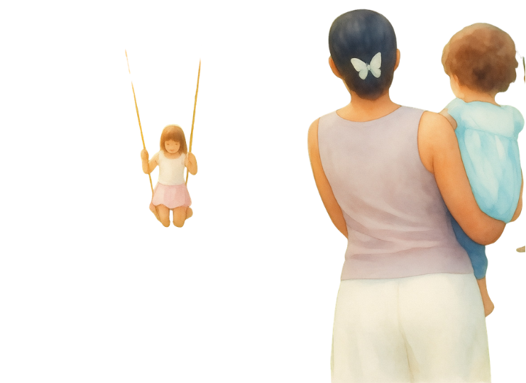 Woman with dark hair, wearing a butterfly hair clip and sleeveless top, holding a young child with curly red hair and a light blue outfit, watching a girl on a swing.