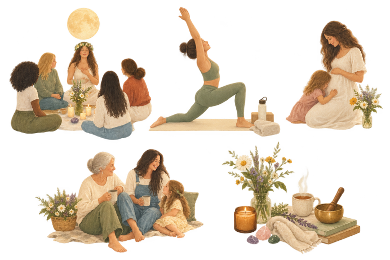 Women and a girl participating in a spiritual gathering with candles, flowers, and meditation. One woman is practicing yoga, and others are sitting together, engaging in conversation and prayer.