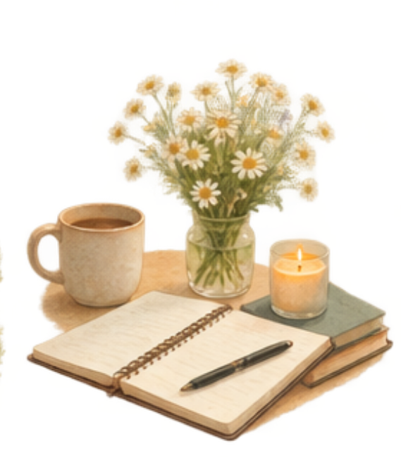 A table setting with a mug of coffee, a bouquet of daisies in a glass vase, a lit candle, a spiral notebook, and a pen.