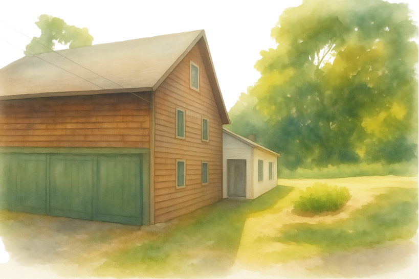 Watercolor painting of a two-story brown house with a green garage door, attached to a smaller white building, surrounded by trees and a grassy yard.