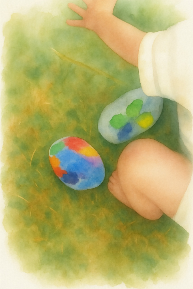 Child sitting on grass with colorful painted stones and one unpainted stone nearby.