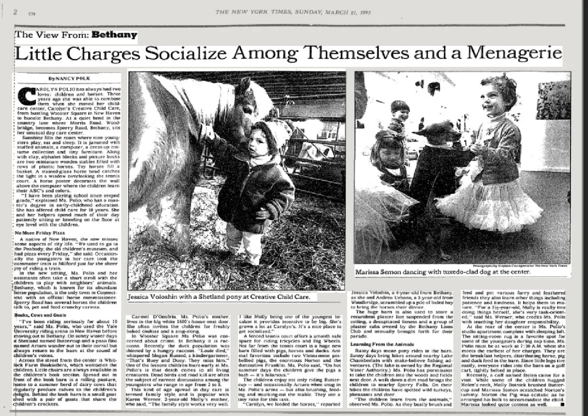 A newspaper article of the daycare that came before Root and Rise Collective from the New York Times. The newspaper features two pictures of children playing together, and with animals. The text of the newspaper is illegible.
