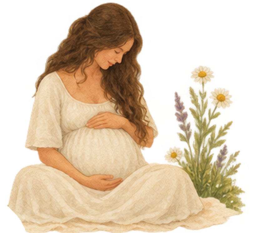 A pregnant woman with long, wavy brown hair sits cross-legged, looking down at her belly and holding her stomach with her right hand. She wears a loose, light-colored dress. Next to her, there is a bouquet of daisies and purple flowers.