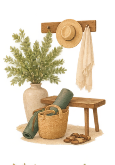 Decorative indoor corner with a large plant in a beige vase, a wooden coat rack with a hat and towel, a small wooden bench, a woven basket with a rolled-up mat, a pair of slippers, and a small rug.