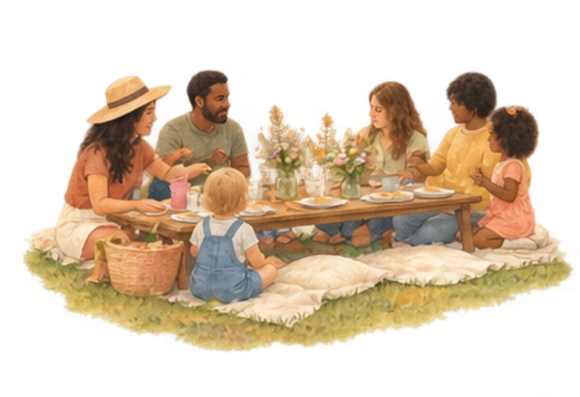 A diverse group of six people, including adults and children, having a picnic on a blanket with food and flowers in a park.