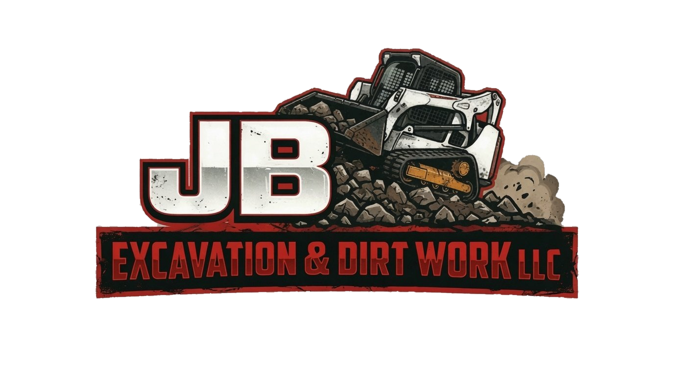 Logo for JB Excavation & Dirt Work LLC featuring a small bulldozer digging dirt with the company name in bold letters.
