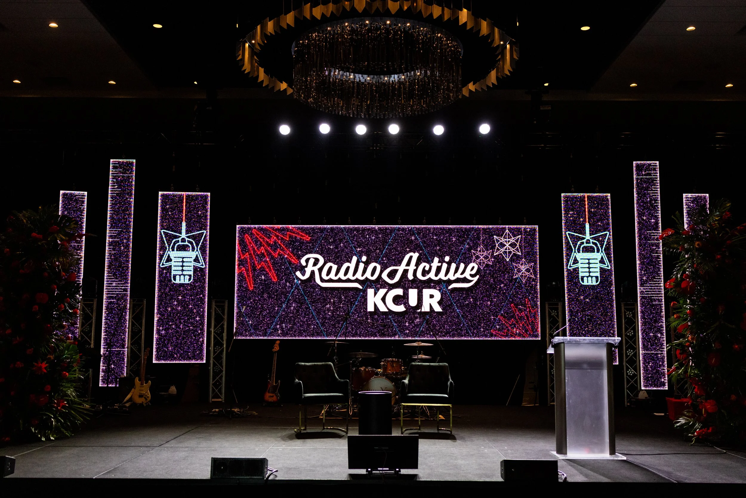  In 2024 and 2025, I had the pleasure of dsesigning the theme and all collateral for KCUR’s annual gala, Radioactive. This image is the stage from 2025, where the theme was ‘Speakeasy.’ It was a fun theme but also had underlying themes about how KCUR
