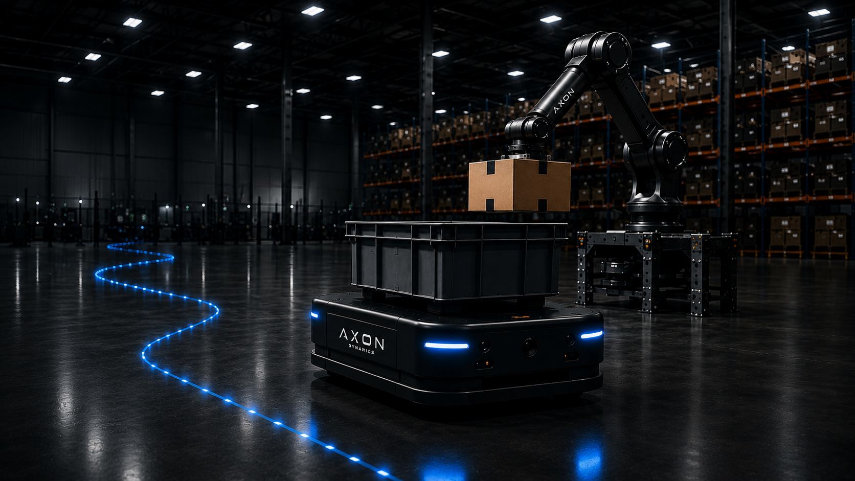 Autonomous industrial robotic arm handling cardboard boxes in a warehouse, showing robotics automation for logistics and material handling.