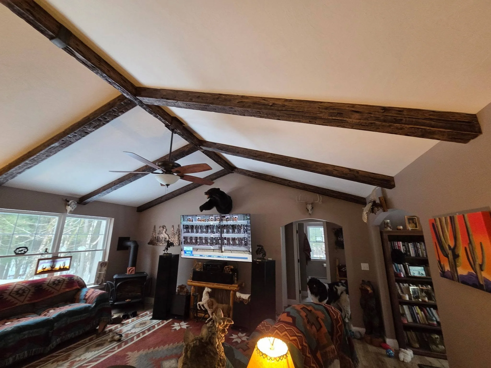 Living room with large windows, wooden ceiling beams, ceiling fan, flat-screen TV, bookshelf, and various decorative items, including animal heads on the wall.