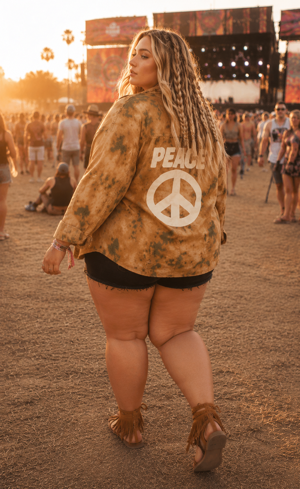 A young woman with long blonde hair and braided details, wearing a tie-dye jacket with peace symbols and the word 'PEACE' on the back, black shorts, and fringed sandals, attending a music festival during sunset with a large stage in the background and people walking and sitting on the ground.