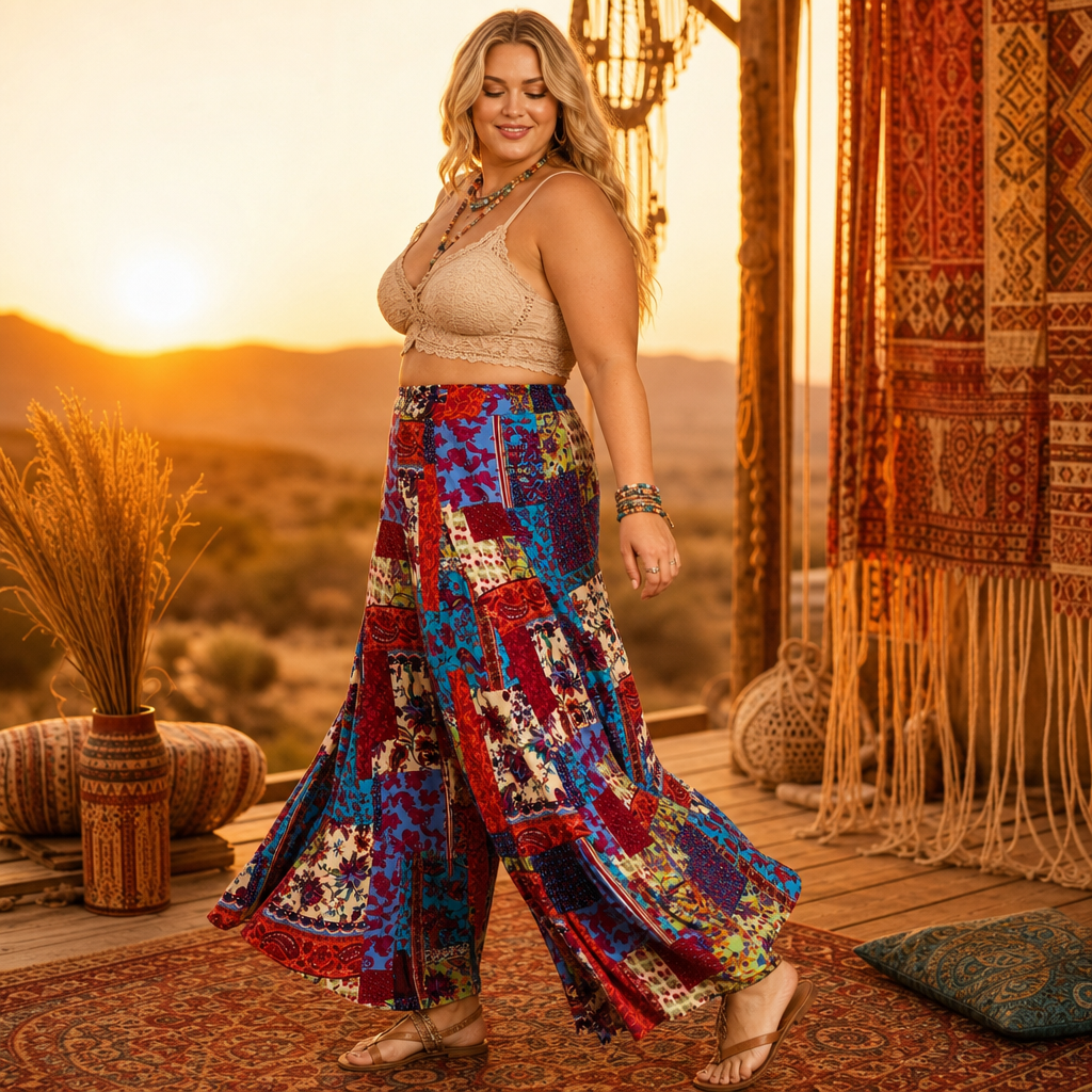 HIPPIE PATCHWORK PRINTED GAUZE PALAZZO PANTS