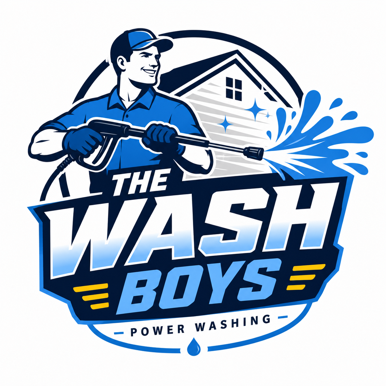 Logo for The Wash Boys power washing service, featuring a smiling man in a blue uniform holding a power washer, with a house and water spray in the background.