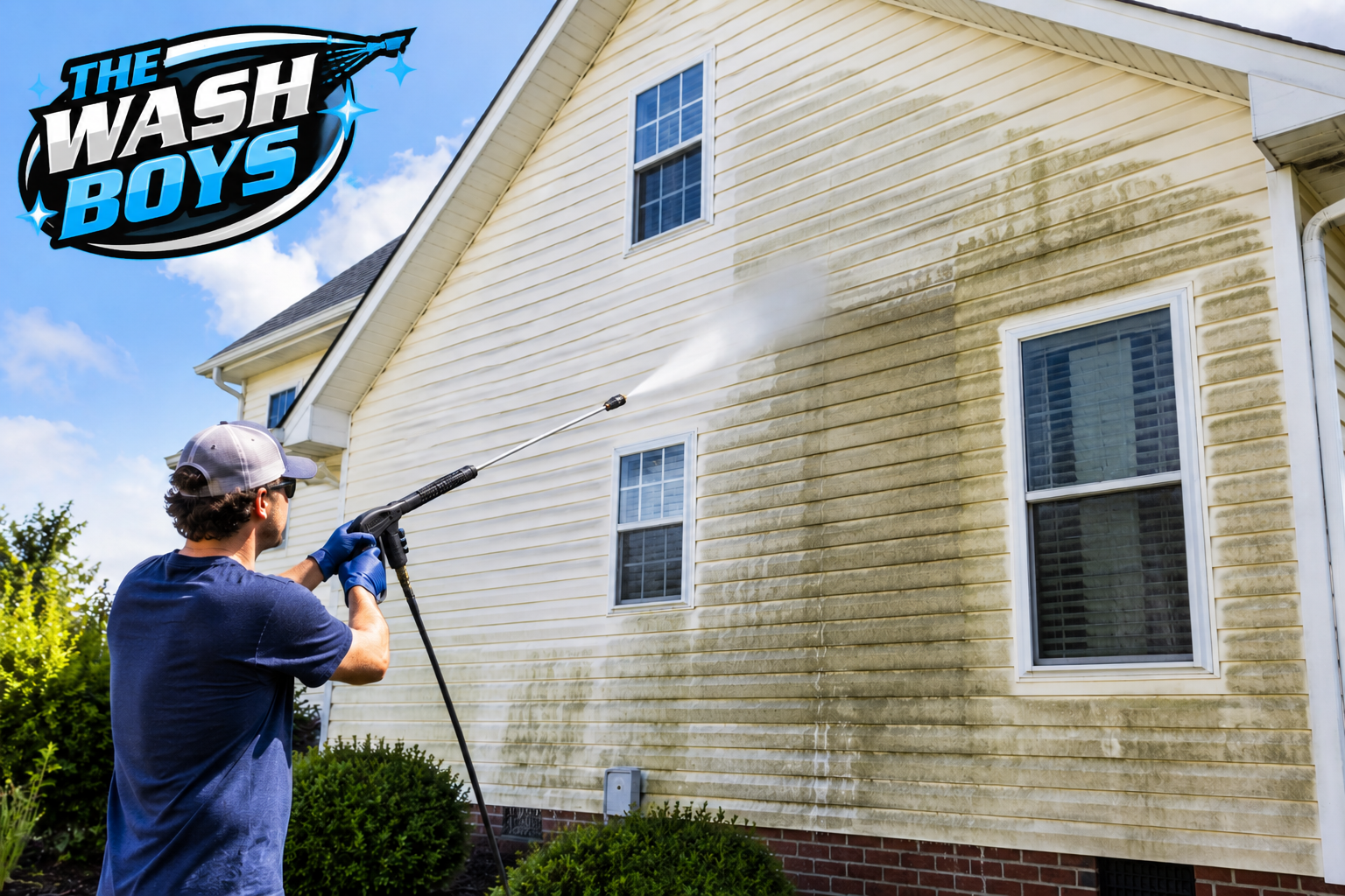 A man power washing the yellow exterior wall of a house with two windows, green bushes in the foreground, blue sky with clouds overhead, and a logo that reads 'The Wash Boys' in the top left corner.