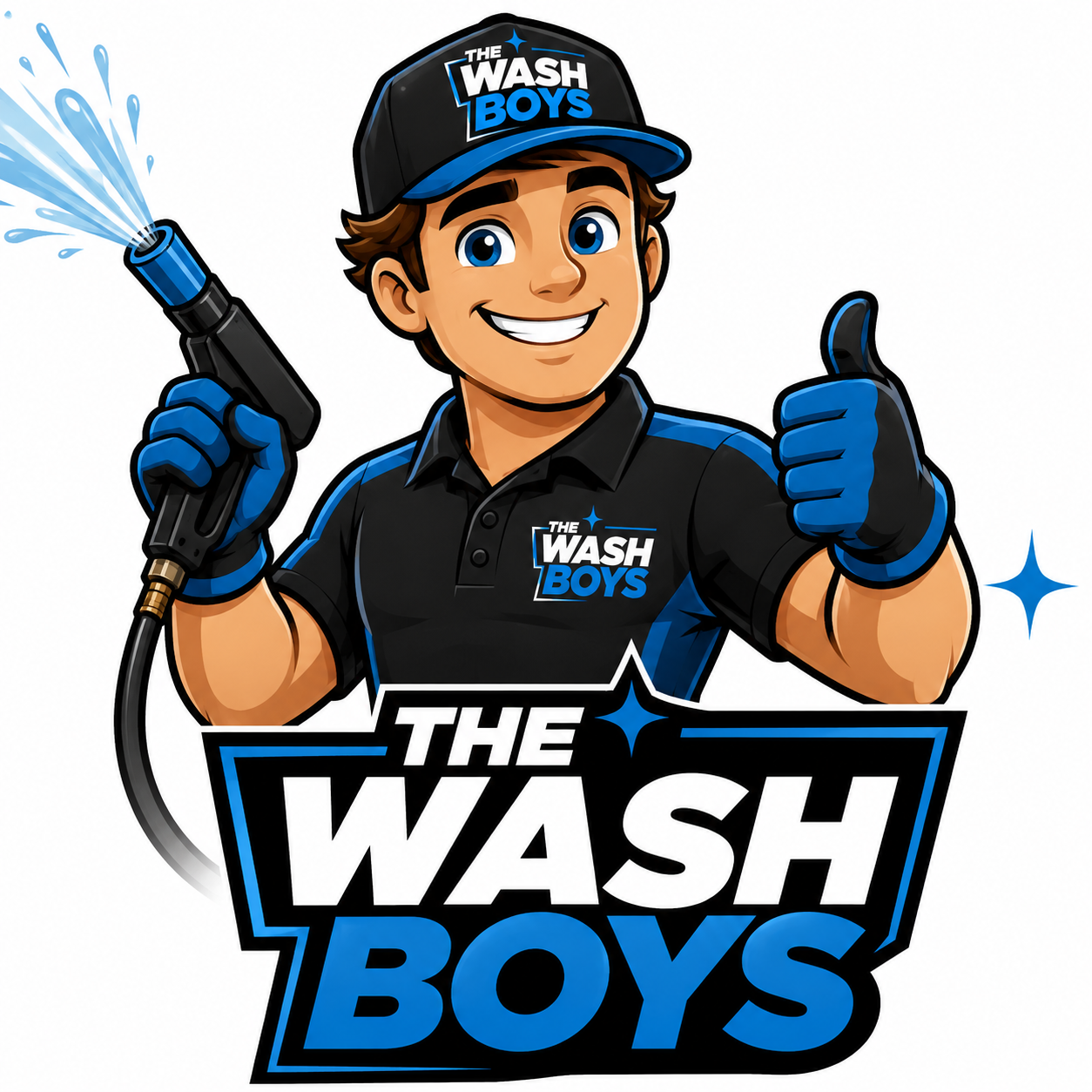 A cartoon character wearing a black cap and shirt with the logo 'The Wash Boys' holding a high-pressure water nozzle and giving a thumbs up, with the text 'The Wash Boys' in bold letters below.