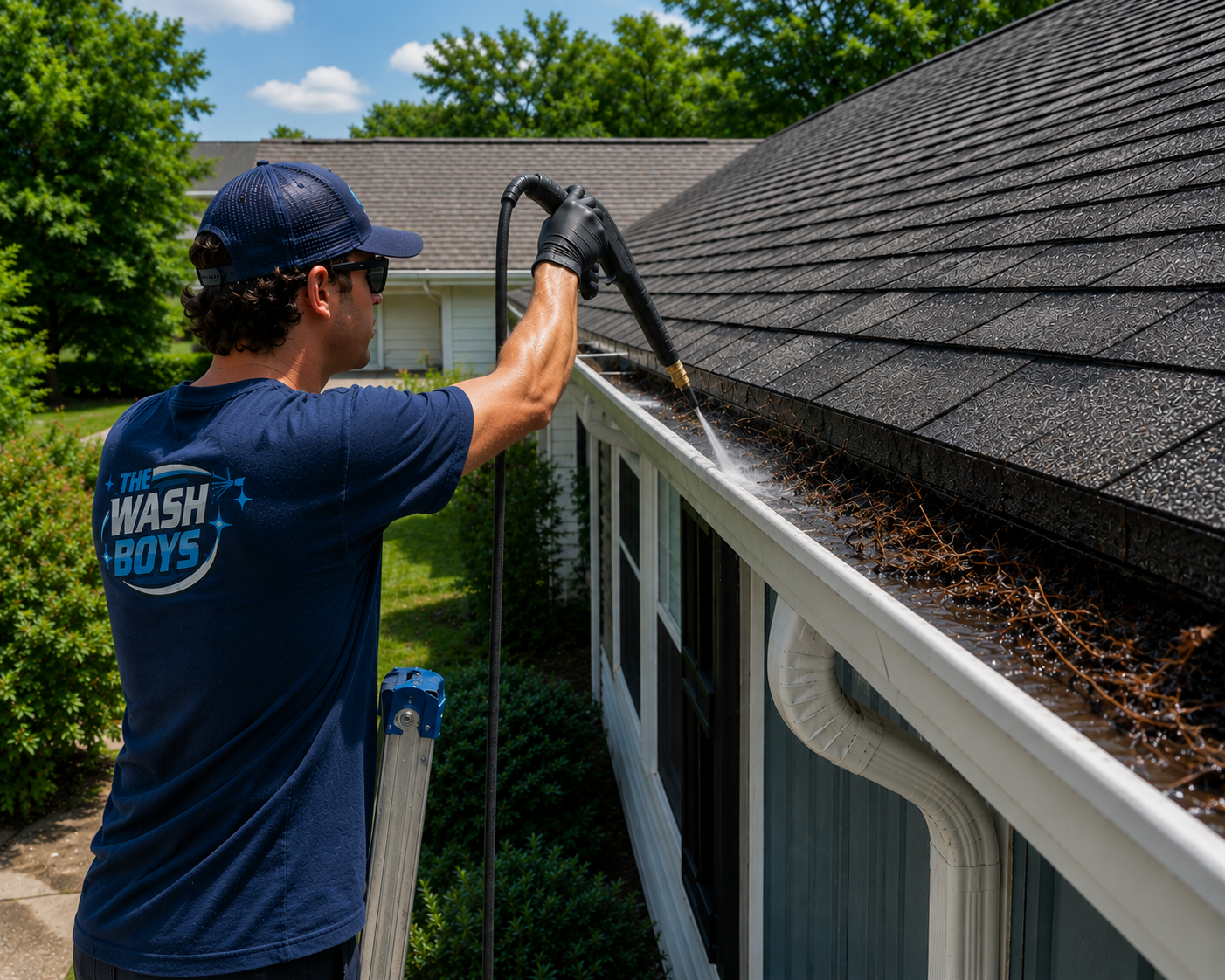 A man wearing sunglasses, a blue cap, and a blue t-shirt labeled 'The Wash Boys' is pressure washing the exterior of a house's gutter on a sunny day.