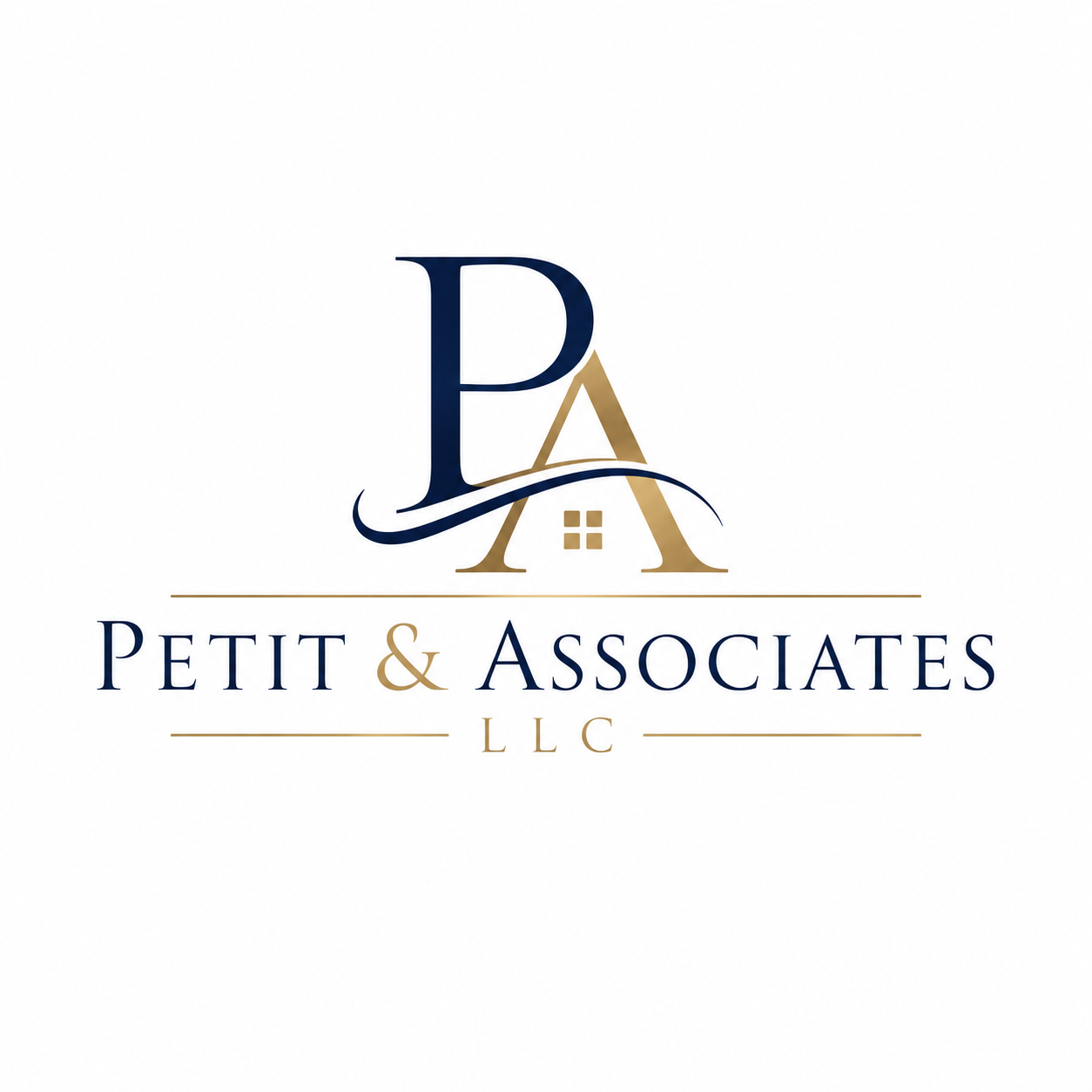 Logo for Petit & Associates LLC featuring a stylized house integrated into the letters P and A, with the company name below in navy blue and gold accents.