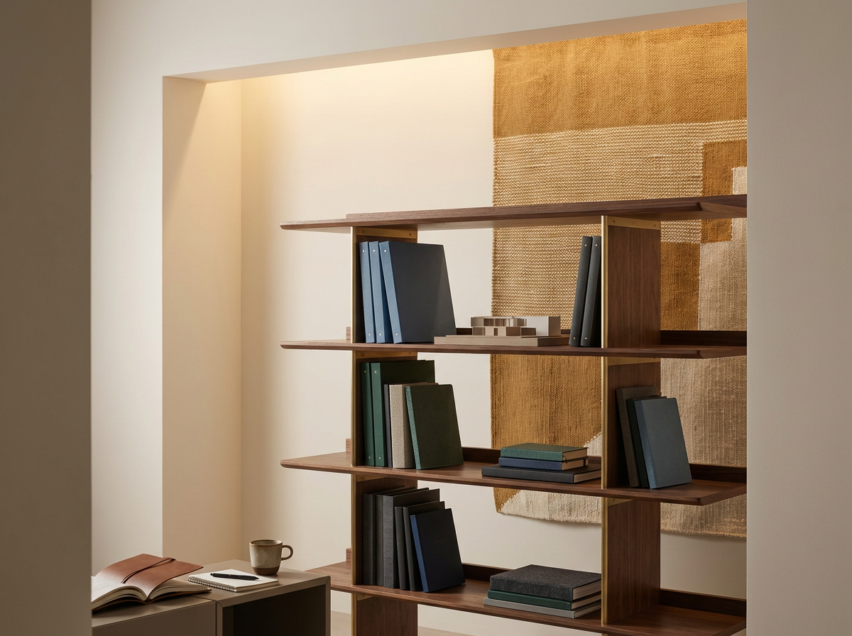 Wooden bookshelf with books and folders, in a cozy room with a beige wall and a decorative textile in the background.