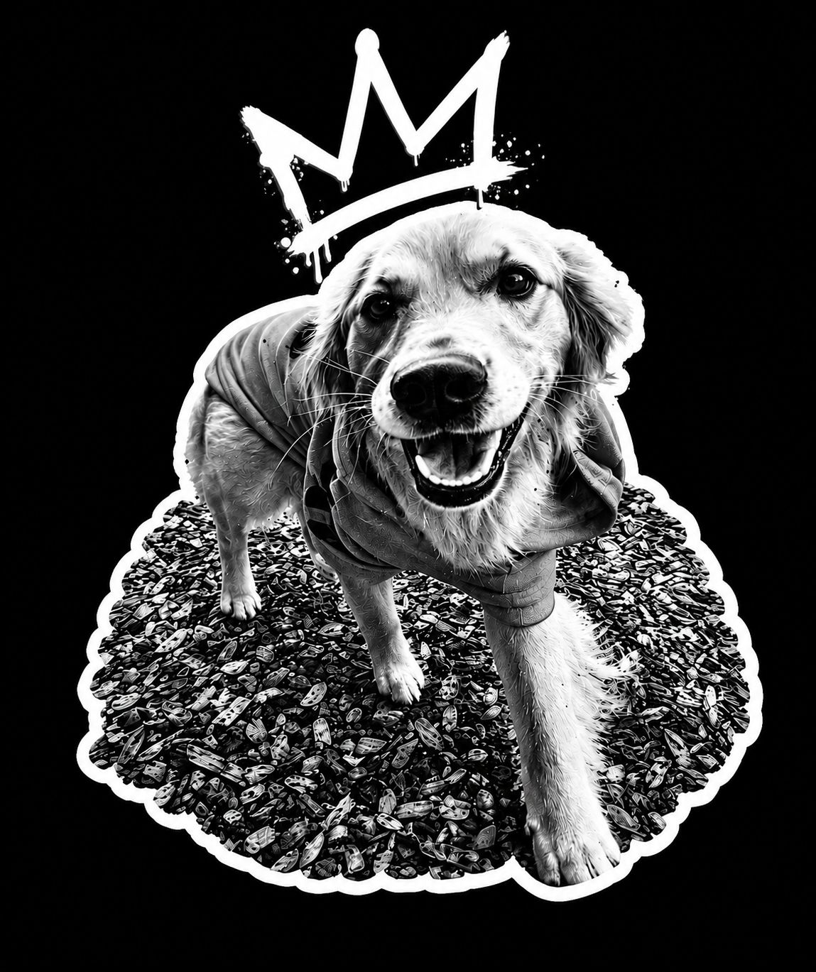 Black and white illustration of a happy retriever dog wearing a hoodie, standing on a textured surface with various small objects, and a crown graffiti above its head.
