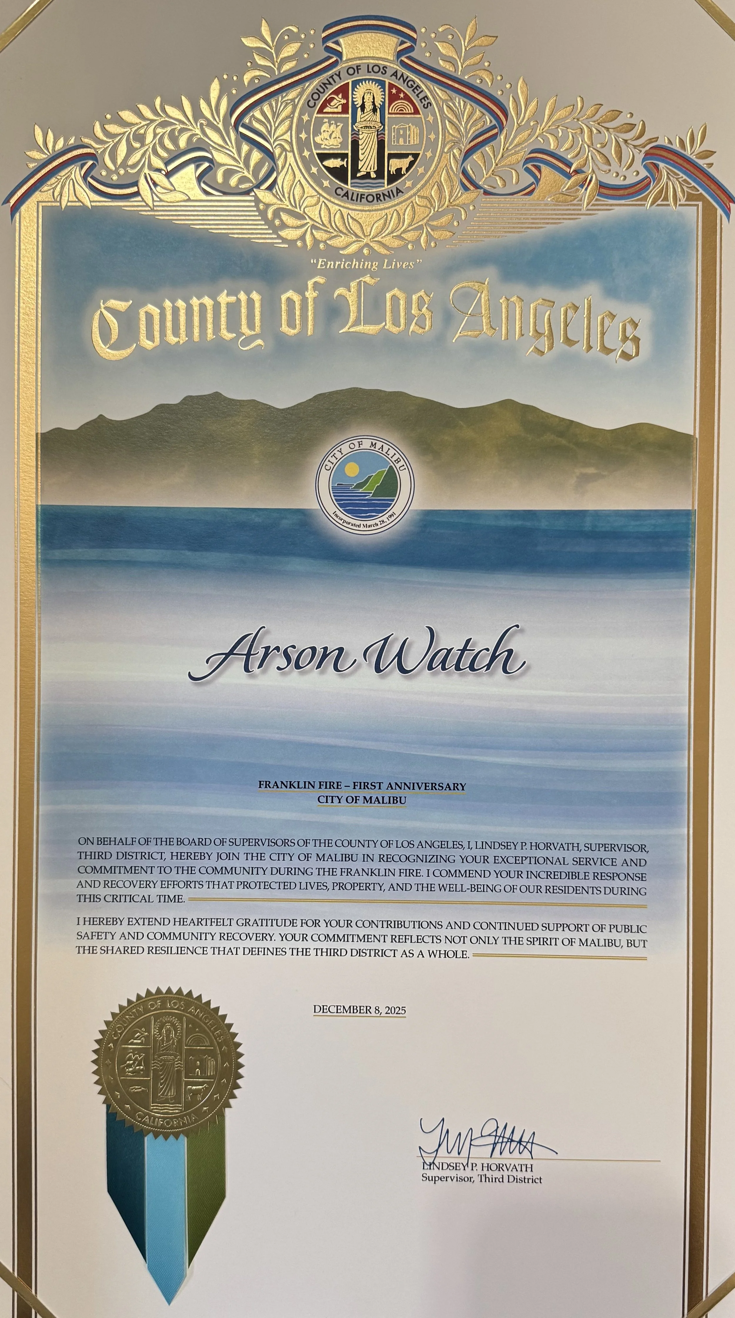 County of Los Angeles citation recognizing Arson Watch for its contribution during the 2025 Franklin fire.