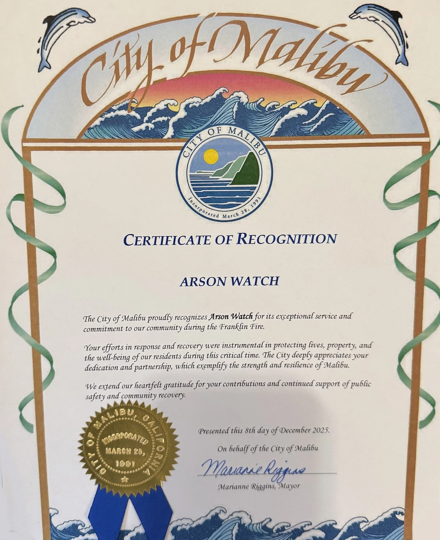 City of Malibu citation recognizing Arson Watch for its support during the 2025 Frankline Fire.