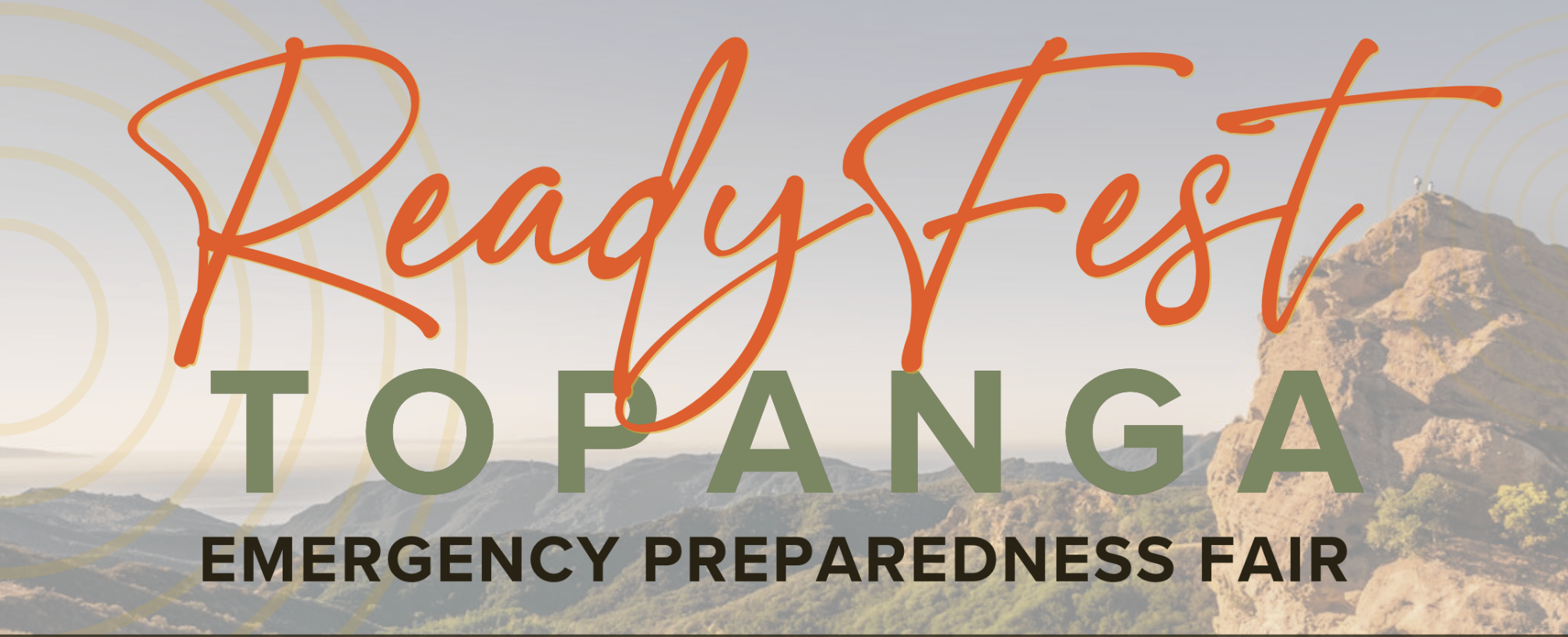 A promotional poster for the Readyfest Toanga Emergency Preparedness Fair, featuring a mountain landscape with a large rock formation and the event title in orange and green text.