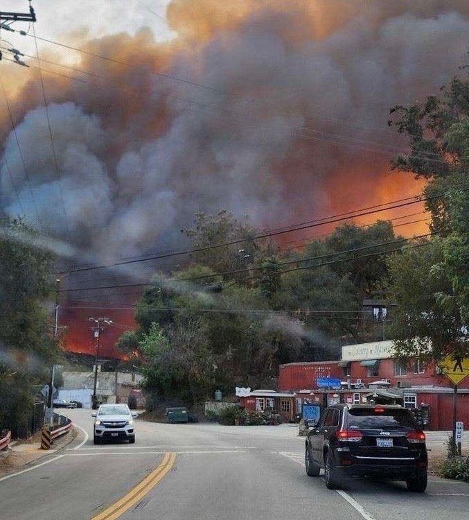 Large fire with thick black and grey smoke billowing into the sky behind trees and buildings, with cars stopped on a curved road in the foreground.. Photo by Will Carey