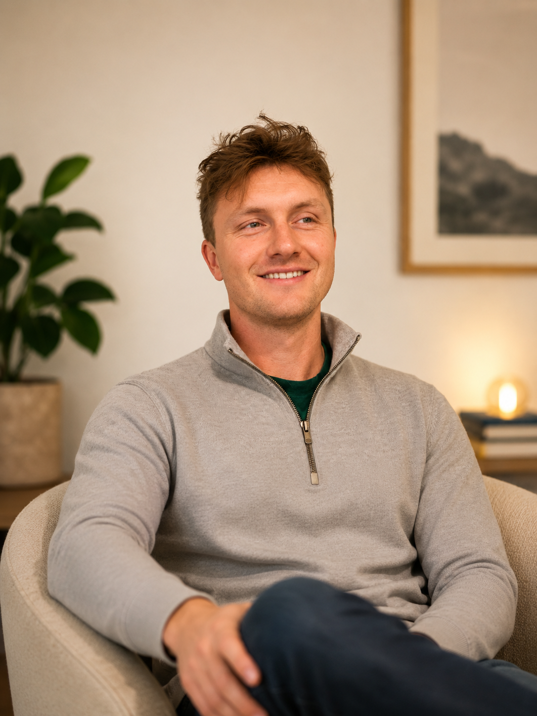 A young man with light brown hair and a slight smile, sitting in a beige armchair in a cozy room, wearing a gray quarter-zip sweater.