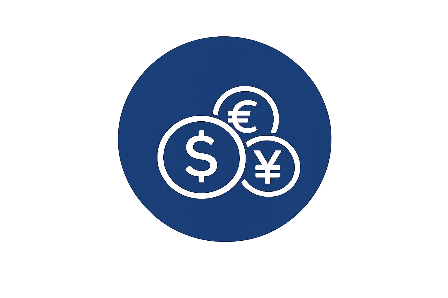 A blue circular icon featuring white outlines of dollar, euro, and yen currency symbols.
