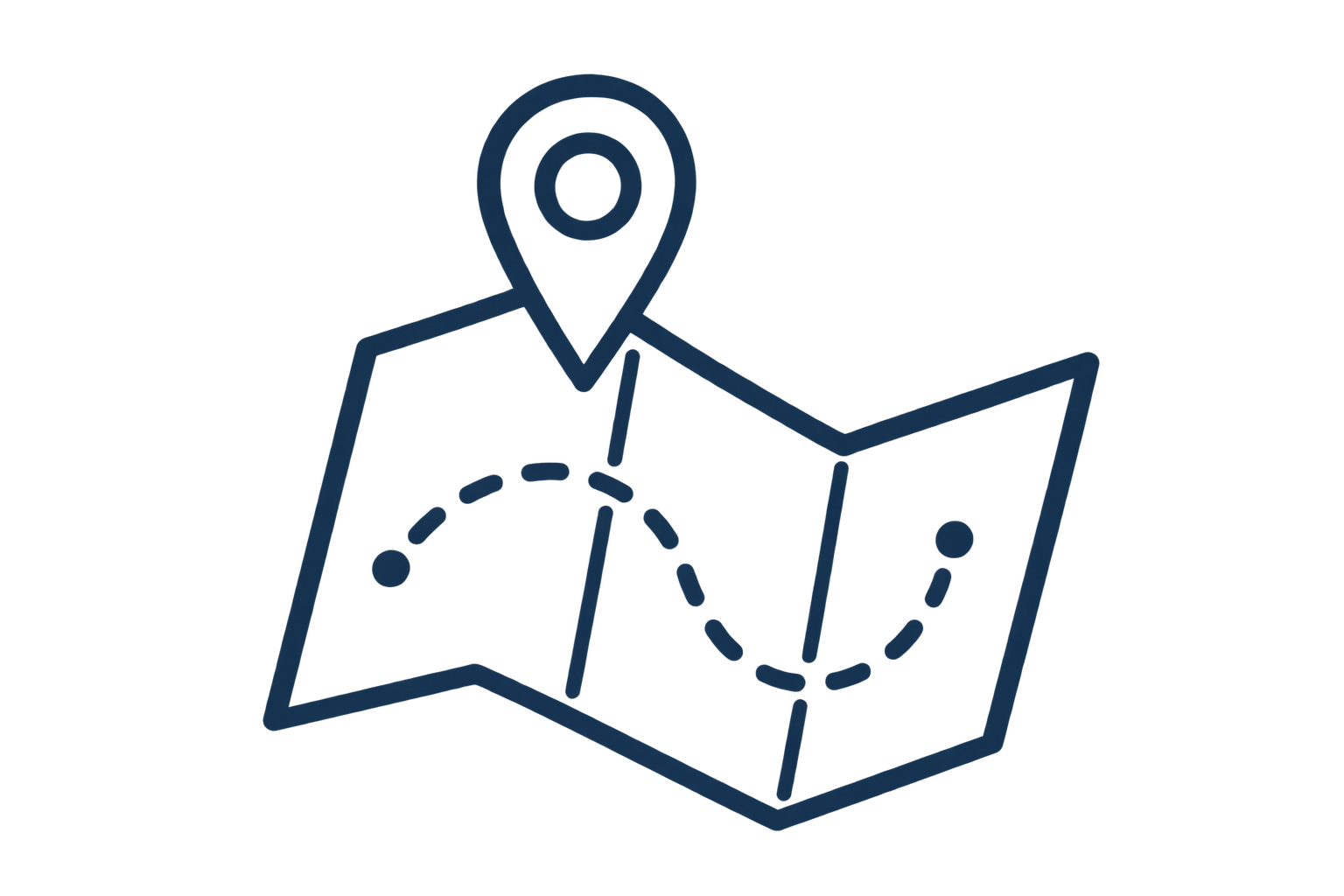 A map with a dotted path leading to a location marker