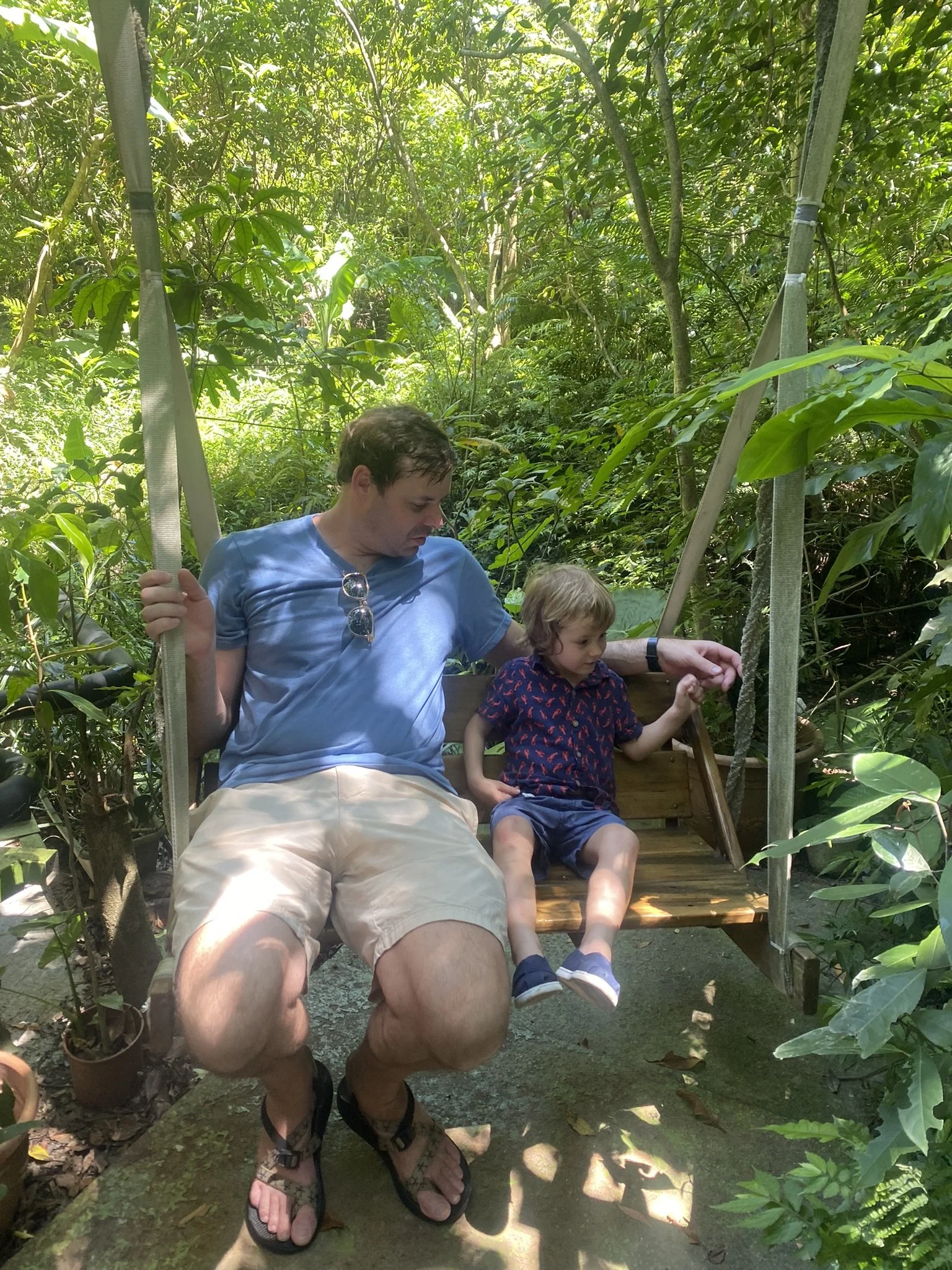 An adult and a child on a wooden swing surrounded by trees at a Jiufen tea house.