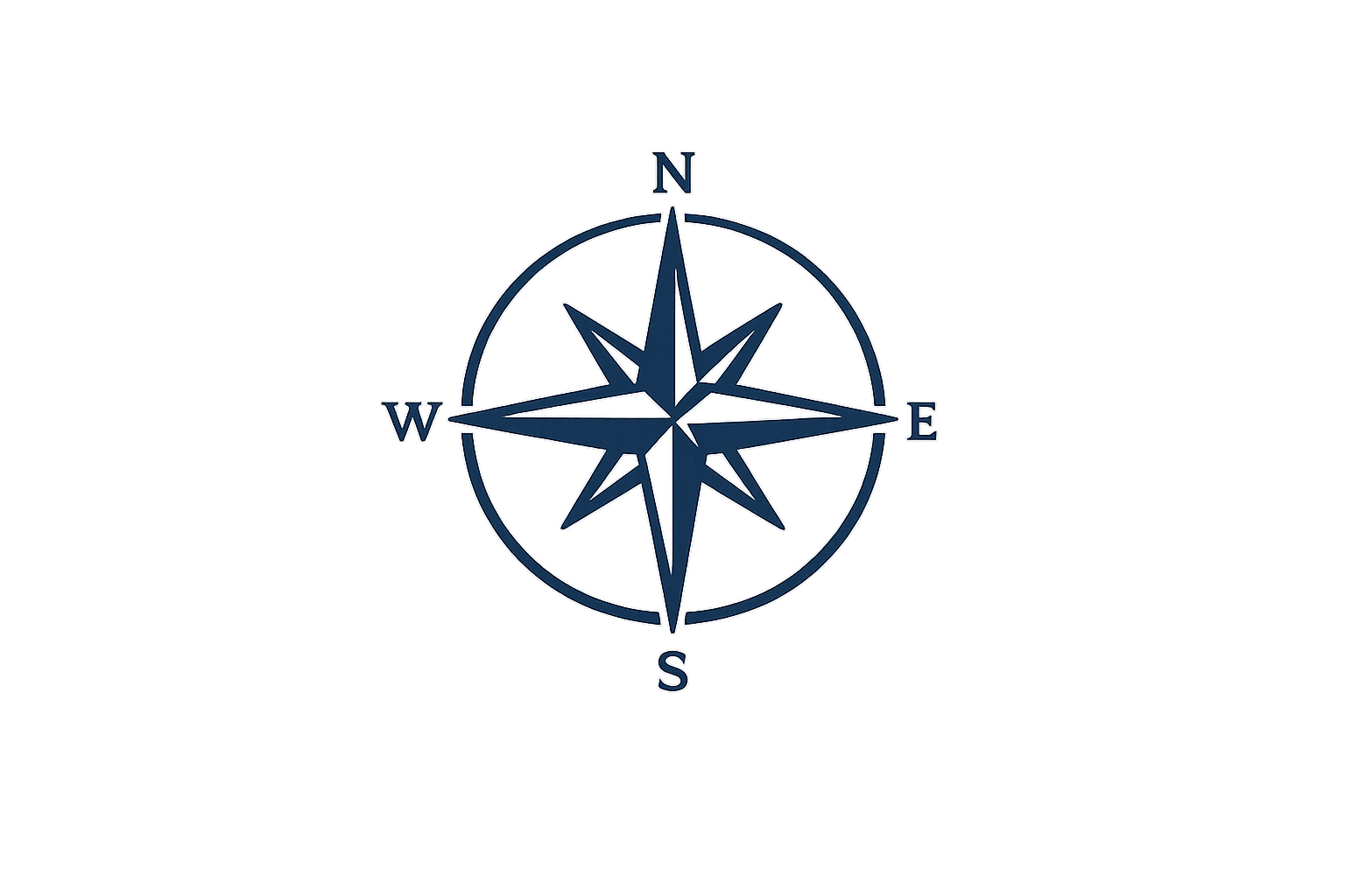A navy blue and white compass rose with cardinal directions N, E, S, W on a black background.
