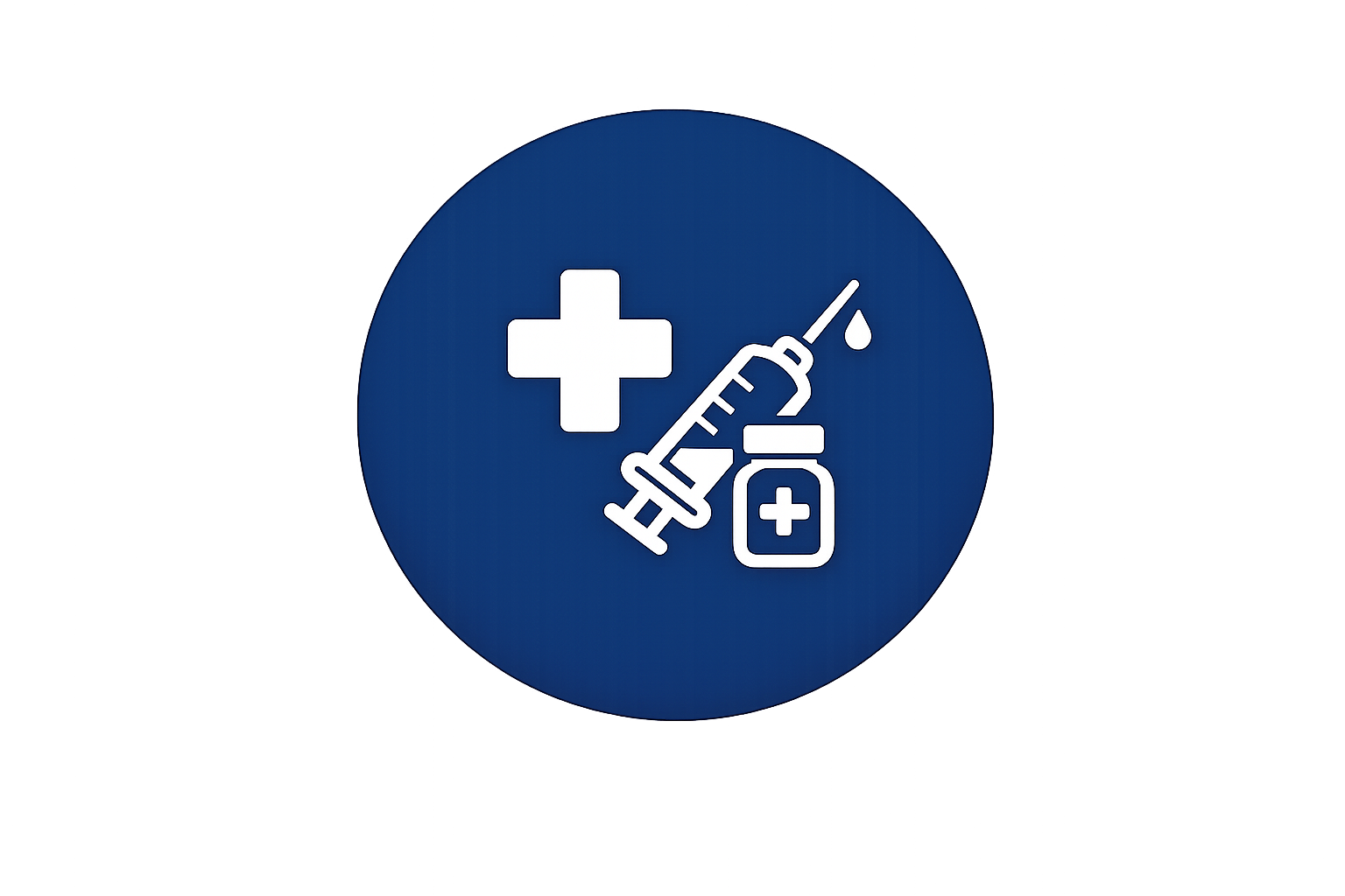 Blue circular sign with a white medical cross, syringe, and medicine bottle icons indicating medical supplies or vaccine.