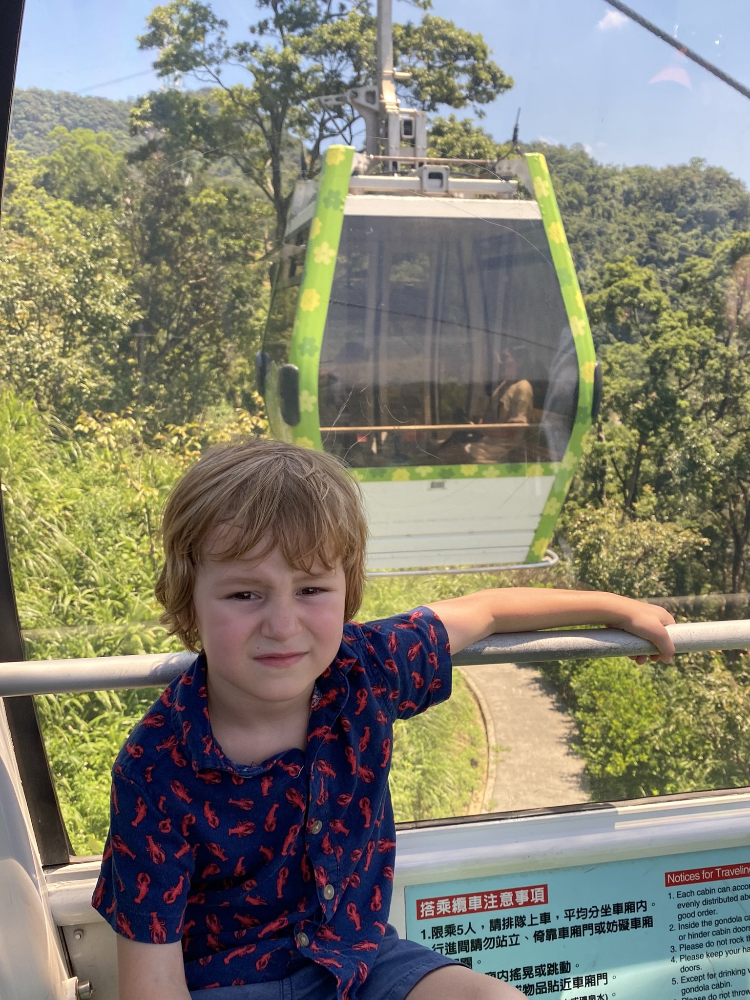 A child riding the Maokong Gondola, with another cabin and green hills visible behind him.