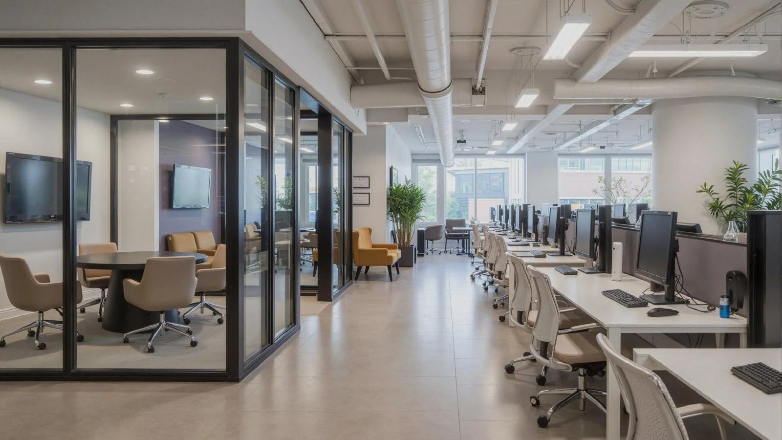 Modern open-concept office space with individual workstations, a glass-walled meeting room, and lounge area, illuminated by natural light from large windows.