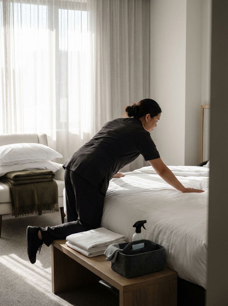 A woman in black uniform making a bed in a hotel room with natural light coming through curtains.