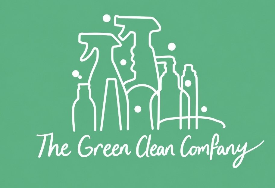 Logo for The Green Clean Company with stylized outline of spray bottles and containers on a green background.