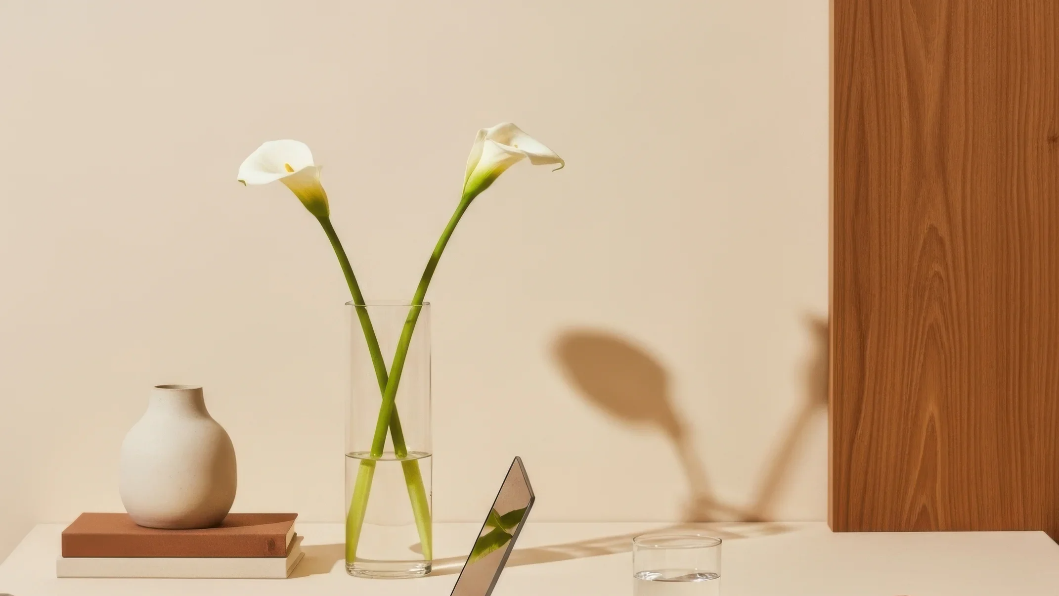 A still life arrangement on a table includes a white ceramic vase with two calla lilies in water, a stack of two books with a small white pottery vessel on top, a triangular mirror propped against the table, and an empty glass tumbler, with a wooden panel on the right side of the background.