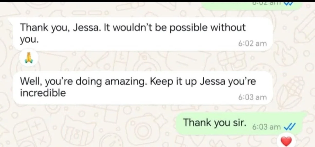 WhatsApp chat screenshot with messages from two people. The first person thanks Jessa, praising her achievements. The second person responds politely, saying thank you.