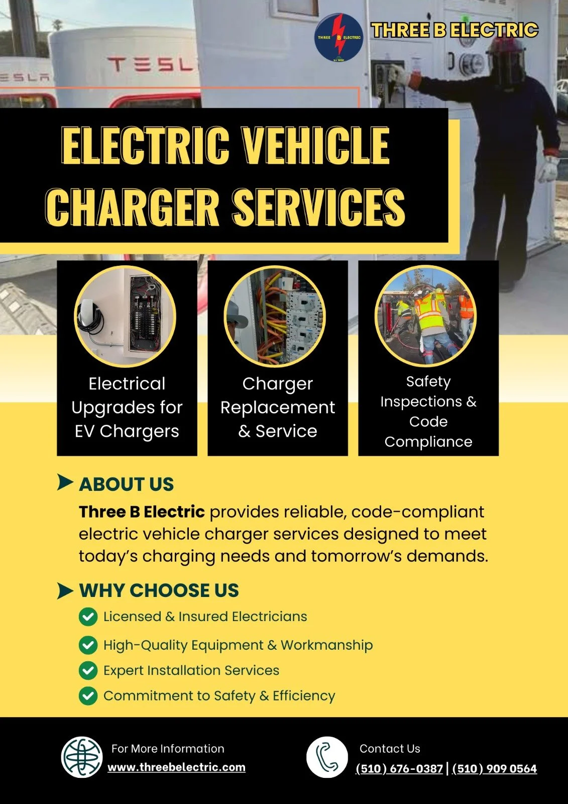 A flyer for Three B Electric advertising electric vehicle charger services, including electrical upgrades, charger replacement, and safety inspections, featuring images of electrical equipment, and contact information at the bottom.