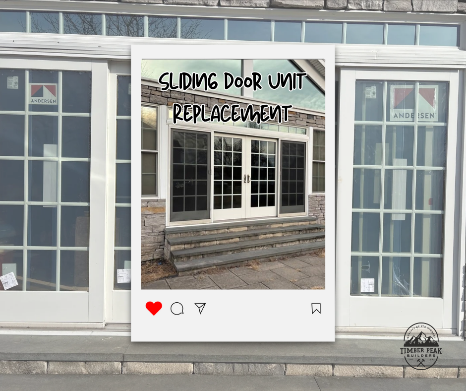 A promotional display showing a sliding door unit replacement, featuring a photo of a white sliding door with multiple glass panes in front of a stone and siding exterior. The display mimics an Instagram post with icons for like, comment, and share, 