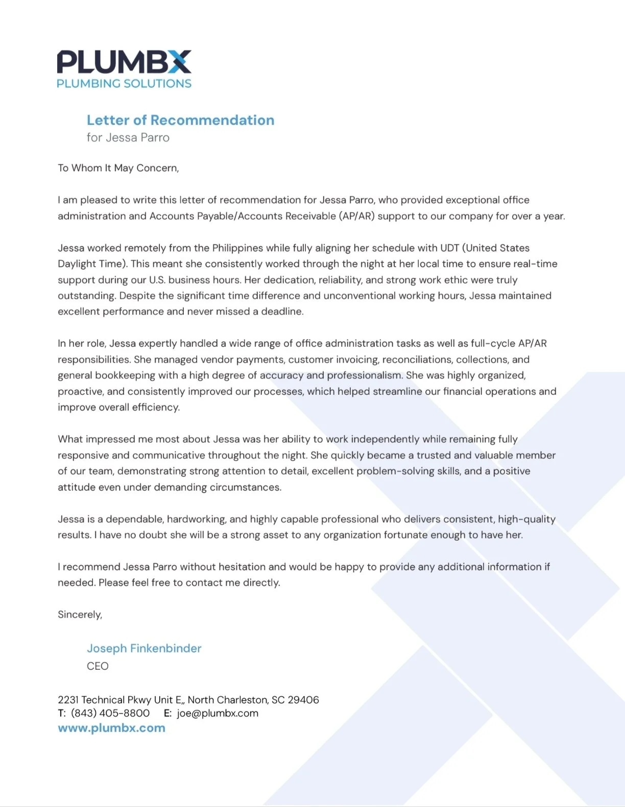 Letter of recommendation for Jessa Parro from PlumbX Plumbing Solutions, signed by Joseph Finkenbinder, CEO, includes contact information and company address, with a light blue geometric background pattern.