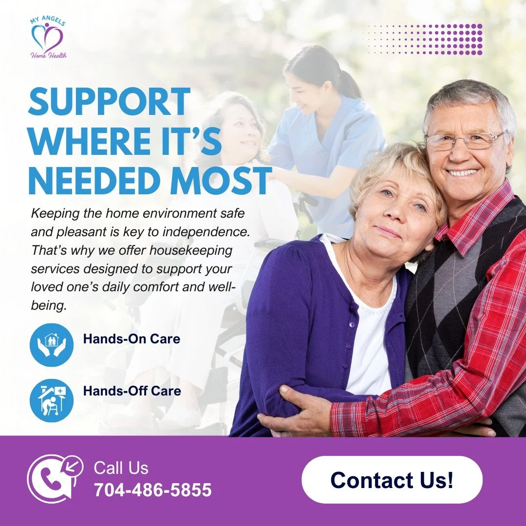 An advertisement for home healthcare services showing an elderly couple embracing, with a caregiver assisting a person in a wheelchair in the background. The text highlights support services like hands-on and hands-off care, with contact information 