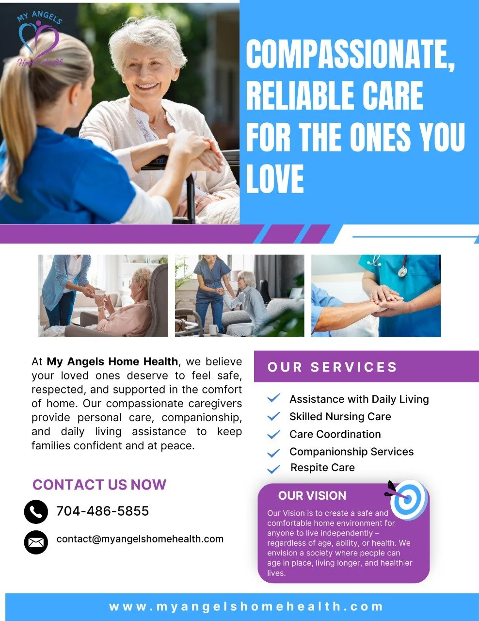 Flyer for My Angels Home Health showcasing images of caregivers assisting elderly patients, with large text emphasizing compassionate, reliable care for loved ones, and listing services including daily living assistance, skilled nursing, care coordin