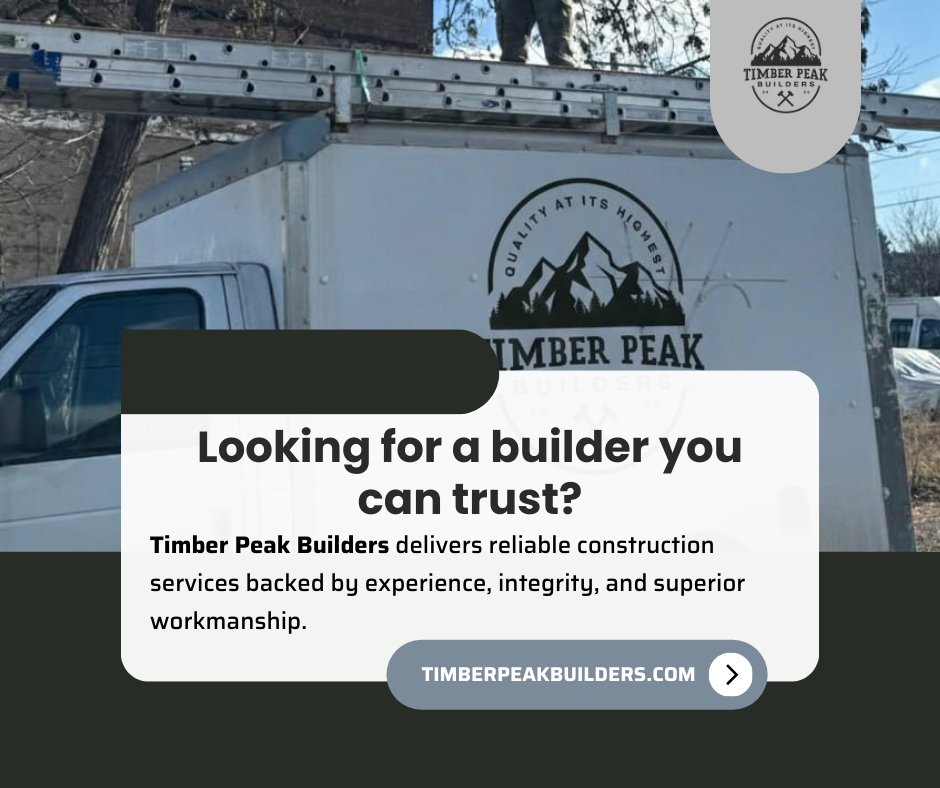 A Timber Peak Builders truck parked outdoors with a logo featuring mountains and trees, advertising reliable construction services.