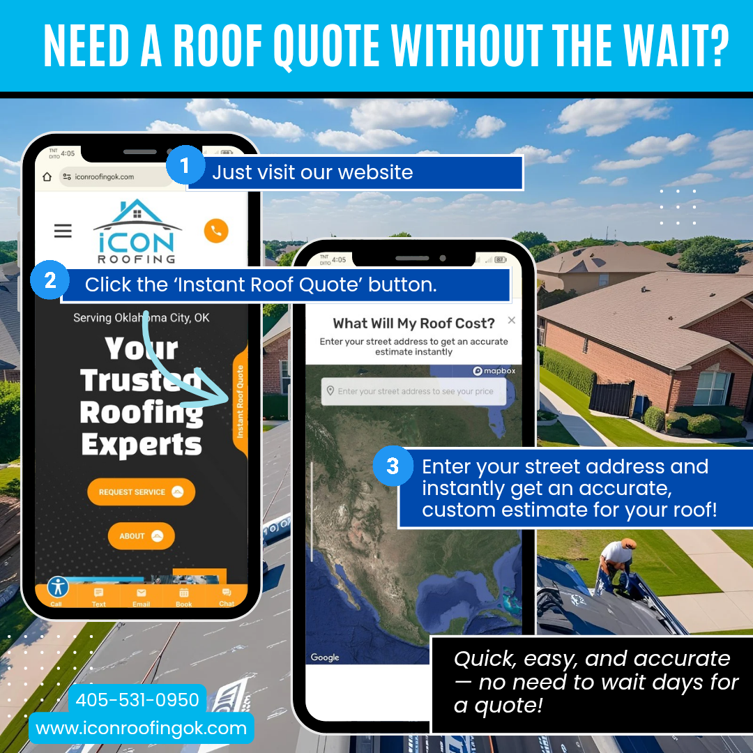 An advertisement for ICON Roofing showing two smartphones displaying their website and quote feature, with instructions on how to get a roof quote by visiting the website, clicking the 'Instant Roof Quote' button, and entering your street address for