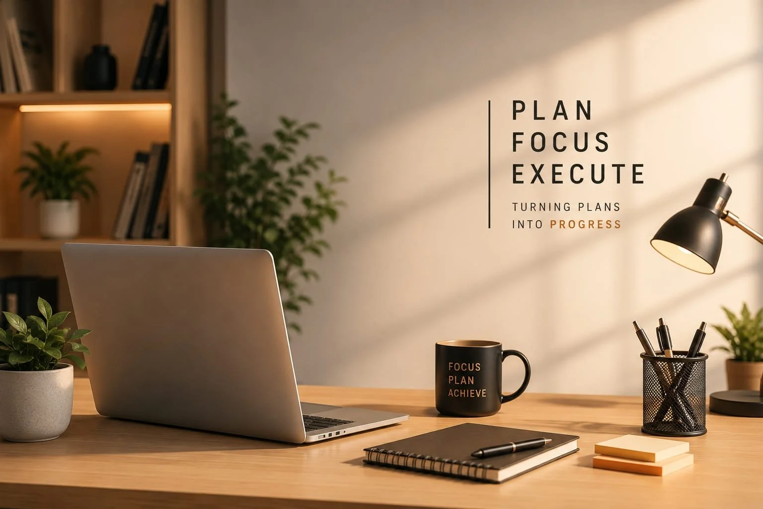 A workspace with a wooden desk, a silver laptop, a black coffee mug with the words "Focus Plan Achieve," a black pen on a black notebook, a black pencil holder with pens, and some sticky notes. In the background, a wall with motivational text: "Plan Focus Execute" and "Turning plans into progress." There are potted plants and a bookshelf with books and decorative items.