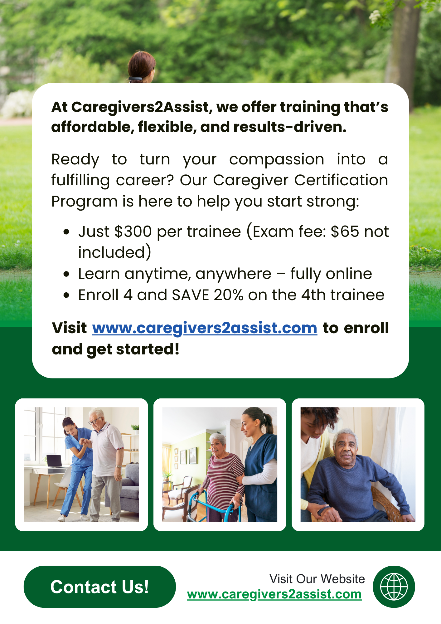 Promotional flyer for Caregivers2Assist, showing images of caregivers assisting elderly patients in different settings, with a focus on in-home care and companionship, and text describing their training program, costs, and online learning options.