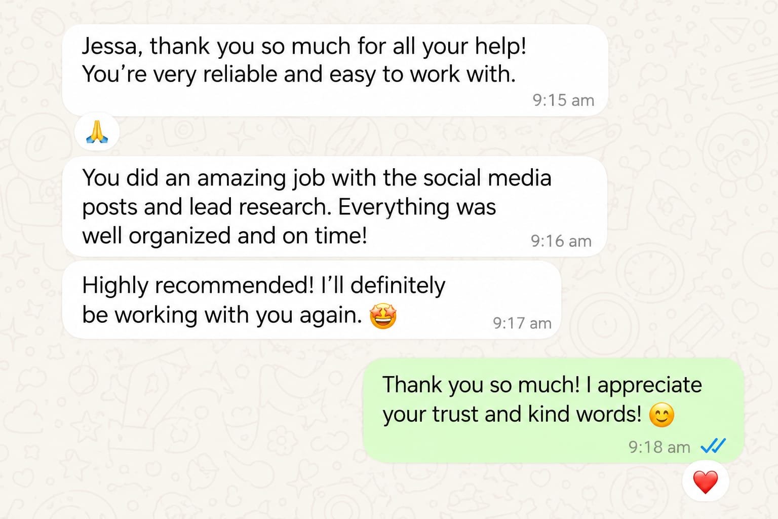 Screenshot of a WhatsApp chat conversation expressing gratitude and positive feedback, with emojis including pray hands, a smiling face with star eyes, and a red heart.