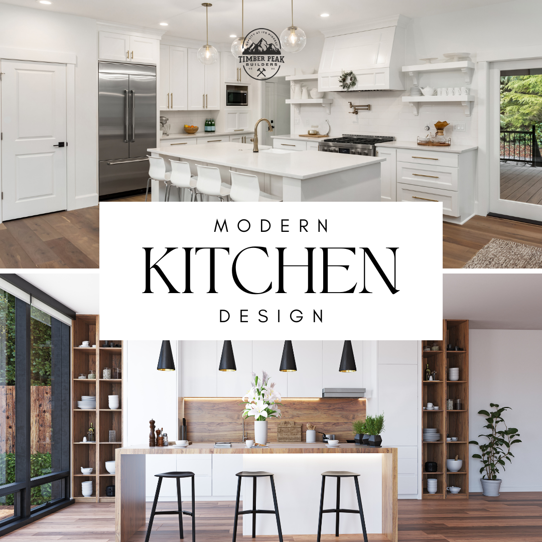 Two modern kitchen interiors with white cabinetry, minimalist design, and wooden accents. The top image features a bright kitchen with white cabinets, stainless steel appliances, and a central island. The bottom image displays a contemporary kitchen 