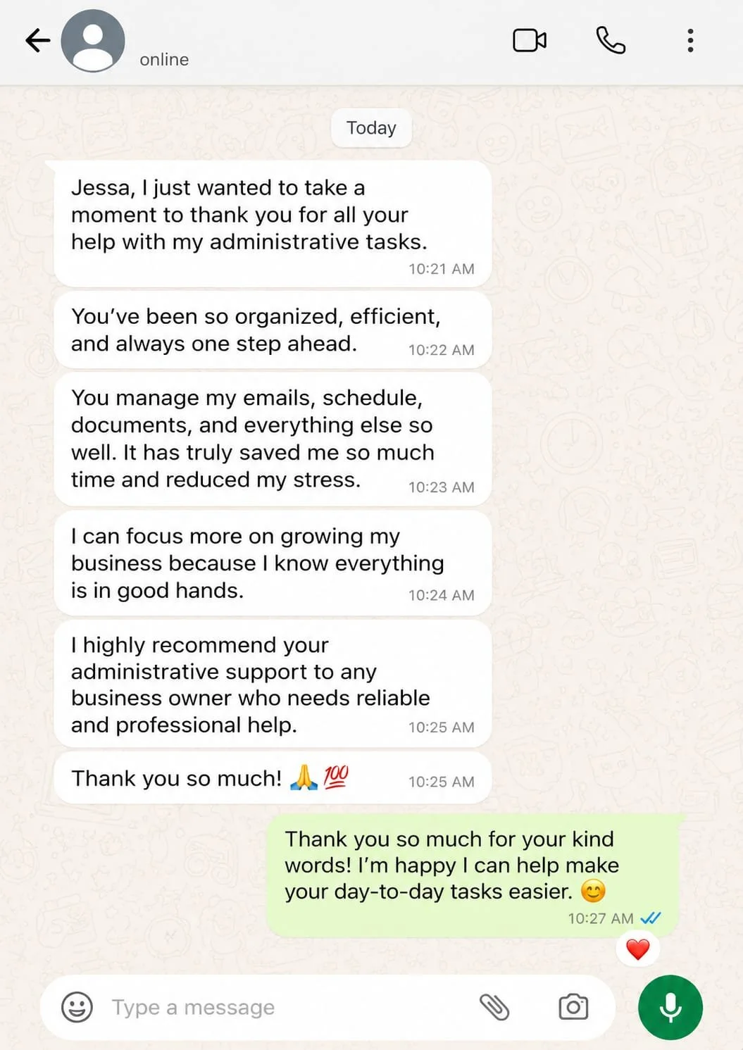 Screenshot of a WhatsApp conversation showing messages where one person thanks another for their administrative and organizational help, giving positive feedback and recommendations.
